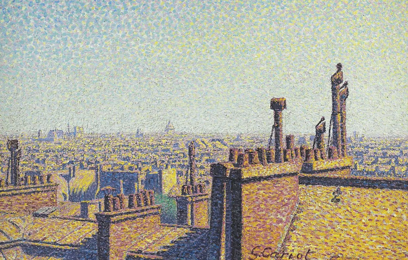 Фото обои картина, городской пейзаж, Gustave Cariot, пуантилизм, Гюстав Карио, Крыши Парижа. После Полудня