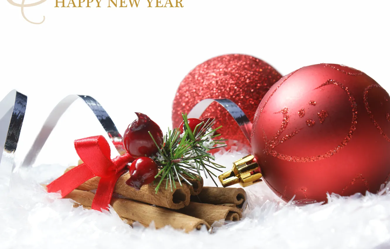 Фото обои праздник, шары, игрушки, Новый Год, Рождество, красные, Christmas, шишки