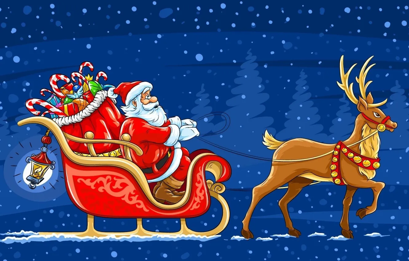 Фото обои снег, олень, Новый Год, подарки, сани, Санта-Клаус
