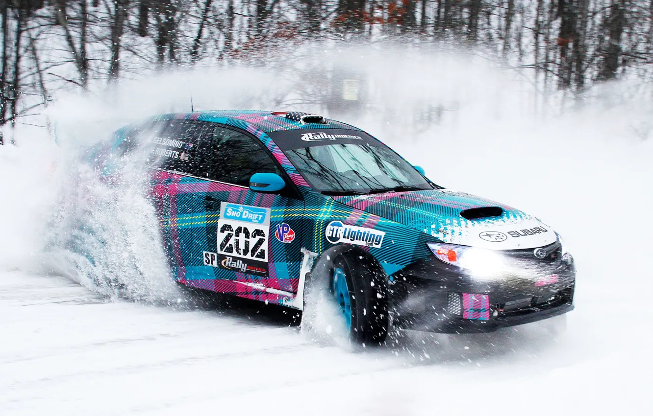 Фото обои Зима, Subaru, Impreza, Снег, Машина, Занос, Дрифт, Rally