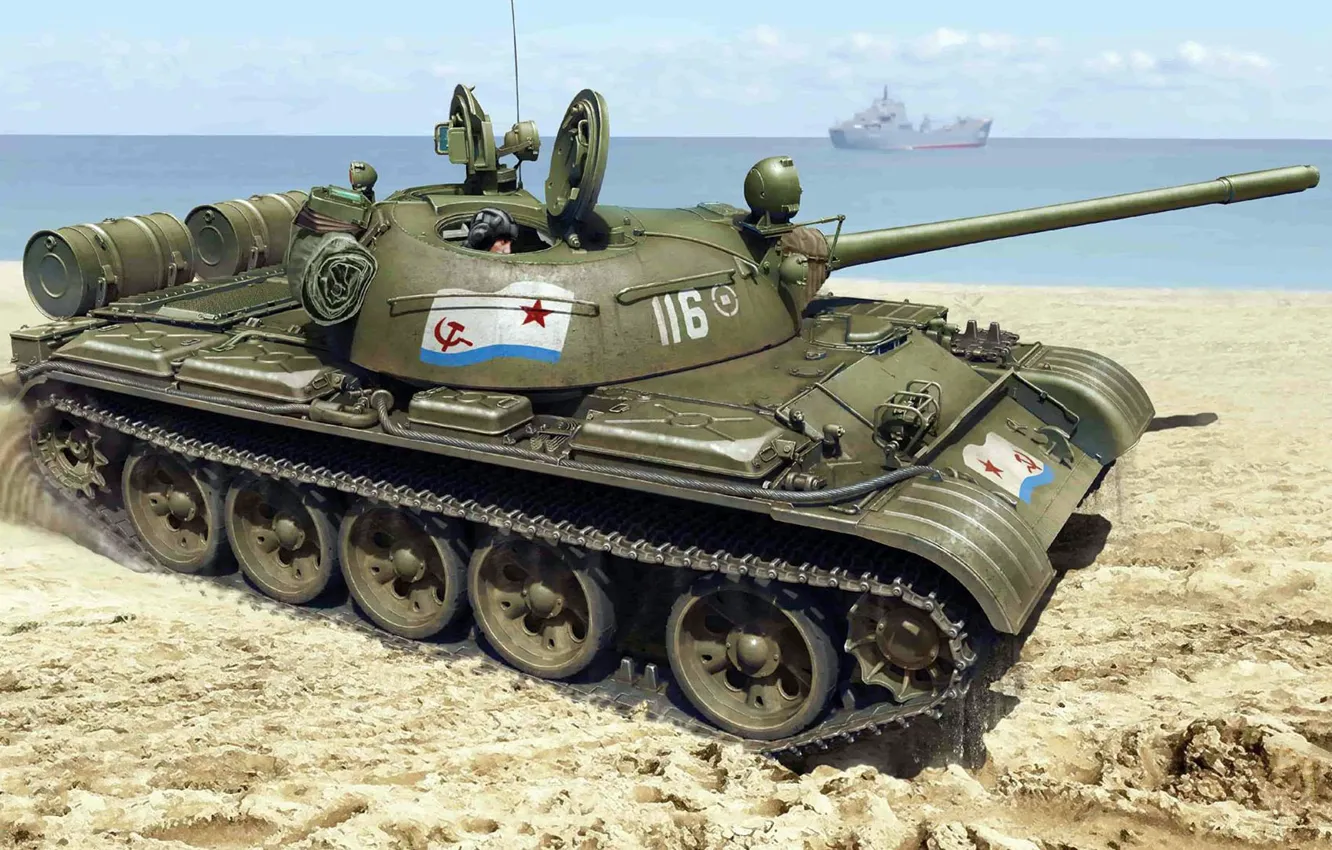 Фото обои берег, ВМФ СССР, советский средний танк, Т-55, Военно-Морской Флот СССР