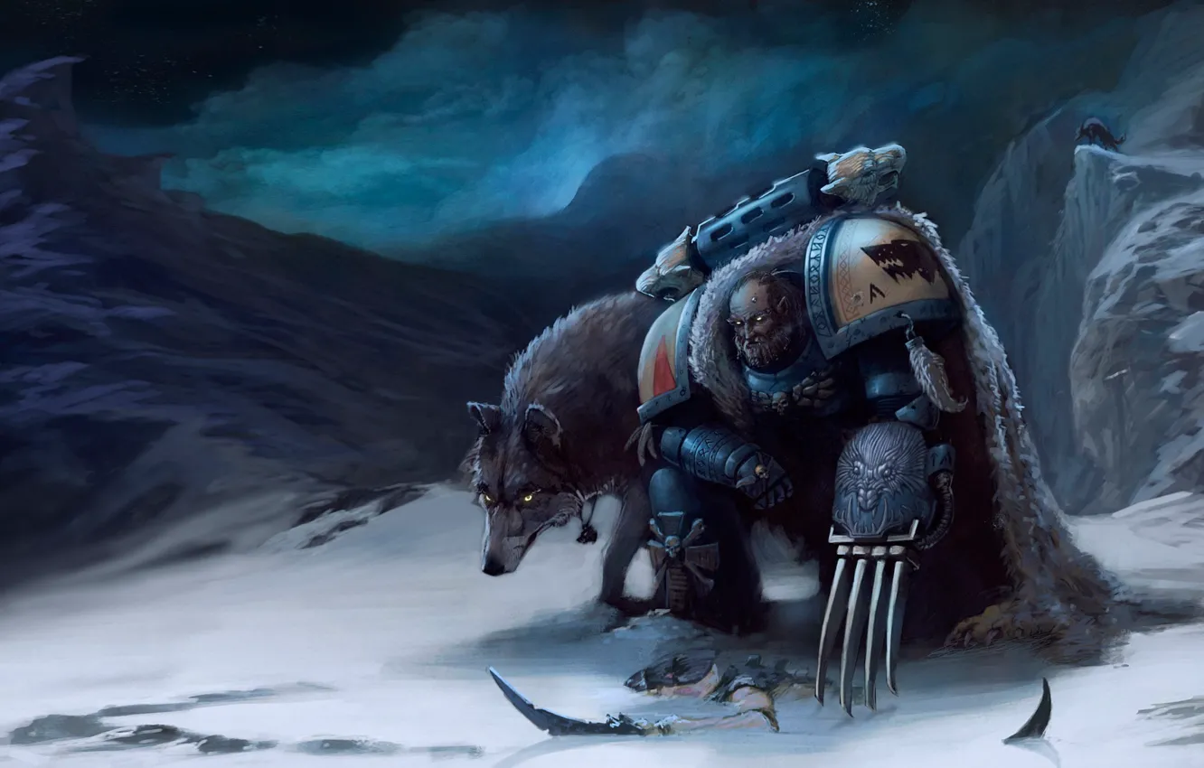 Фото обои снег, горы, когти, волки, Warhammer, Space Wolves, космодесантник, 40k