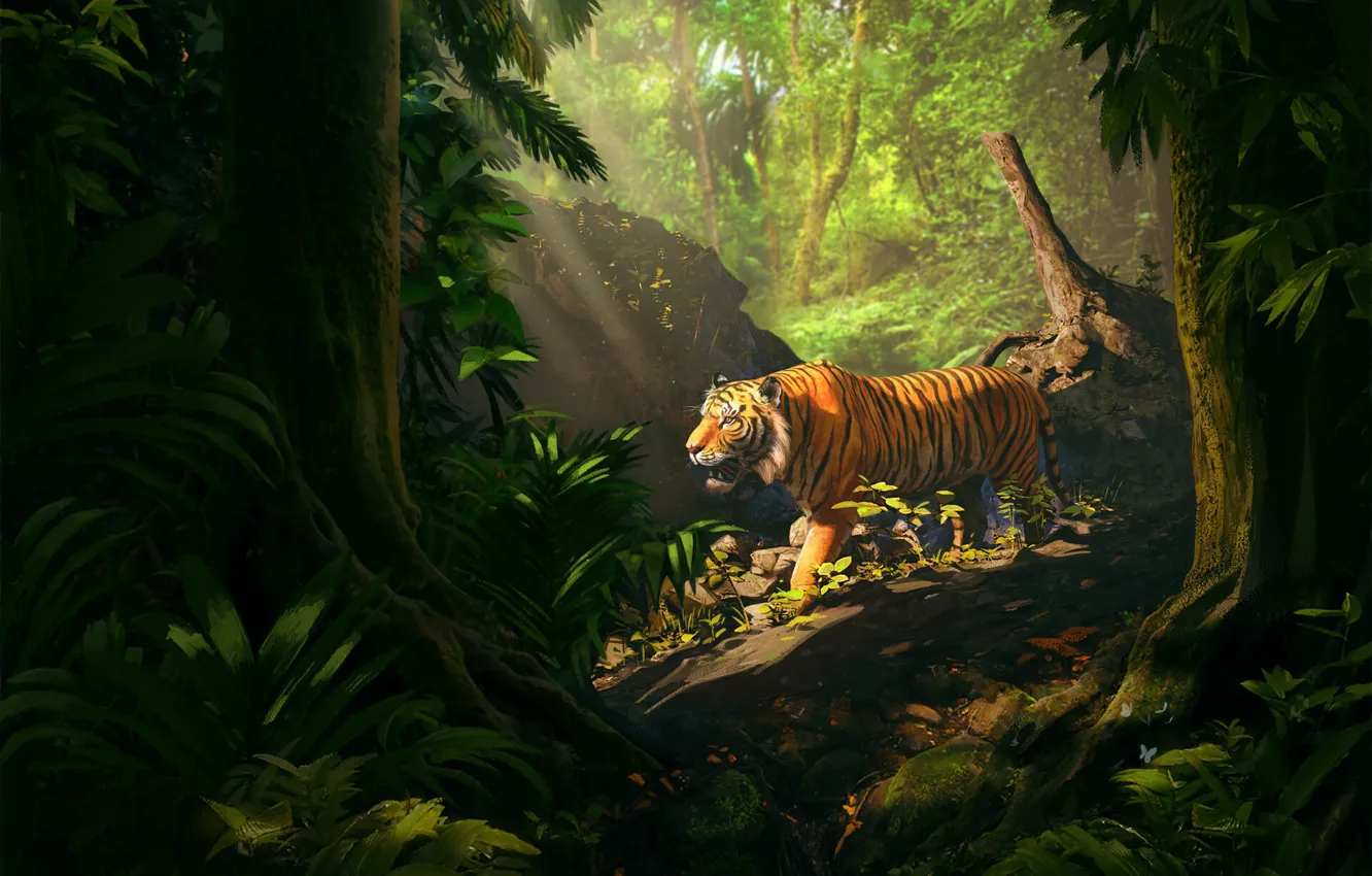 Фото обои природа, тигр, животное, хищник, джунгли, зверь, иллюстрация, digital art