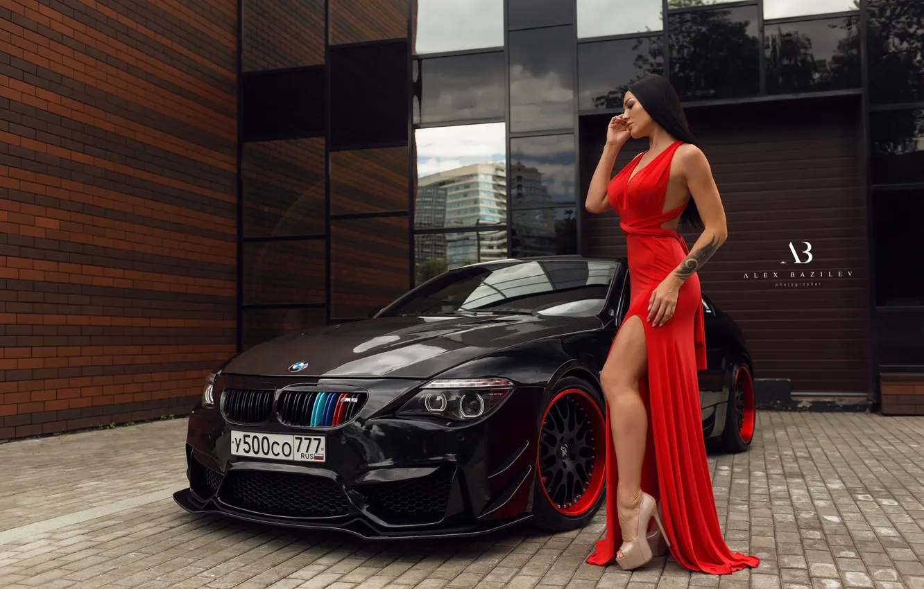 Фото обои машина, авто, девушка, поза, стиль, модель, BMW, платье