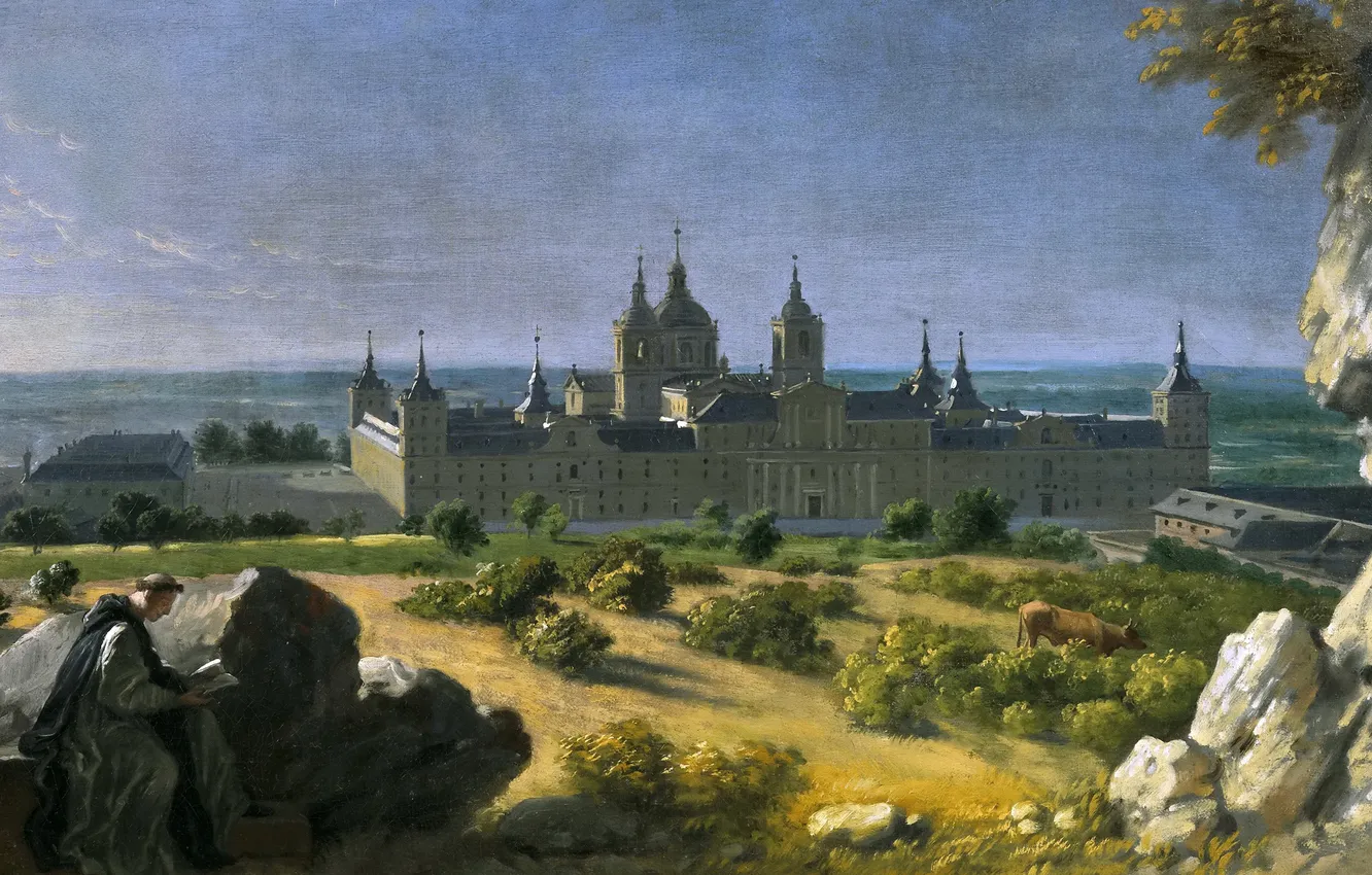 Фото обои пейзаж, картина, Michel-Ange Houasse, Вид на Монастырь Эскориал