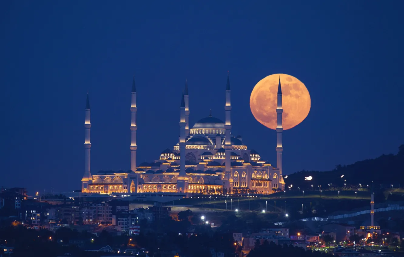Фото обои evening, turkey, mosque, istanbul, supermoon, çamlıca mosque