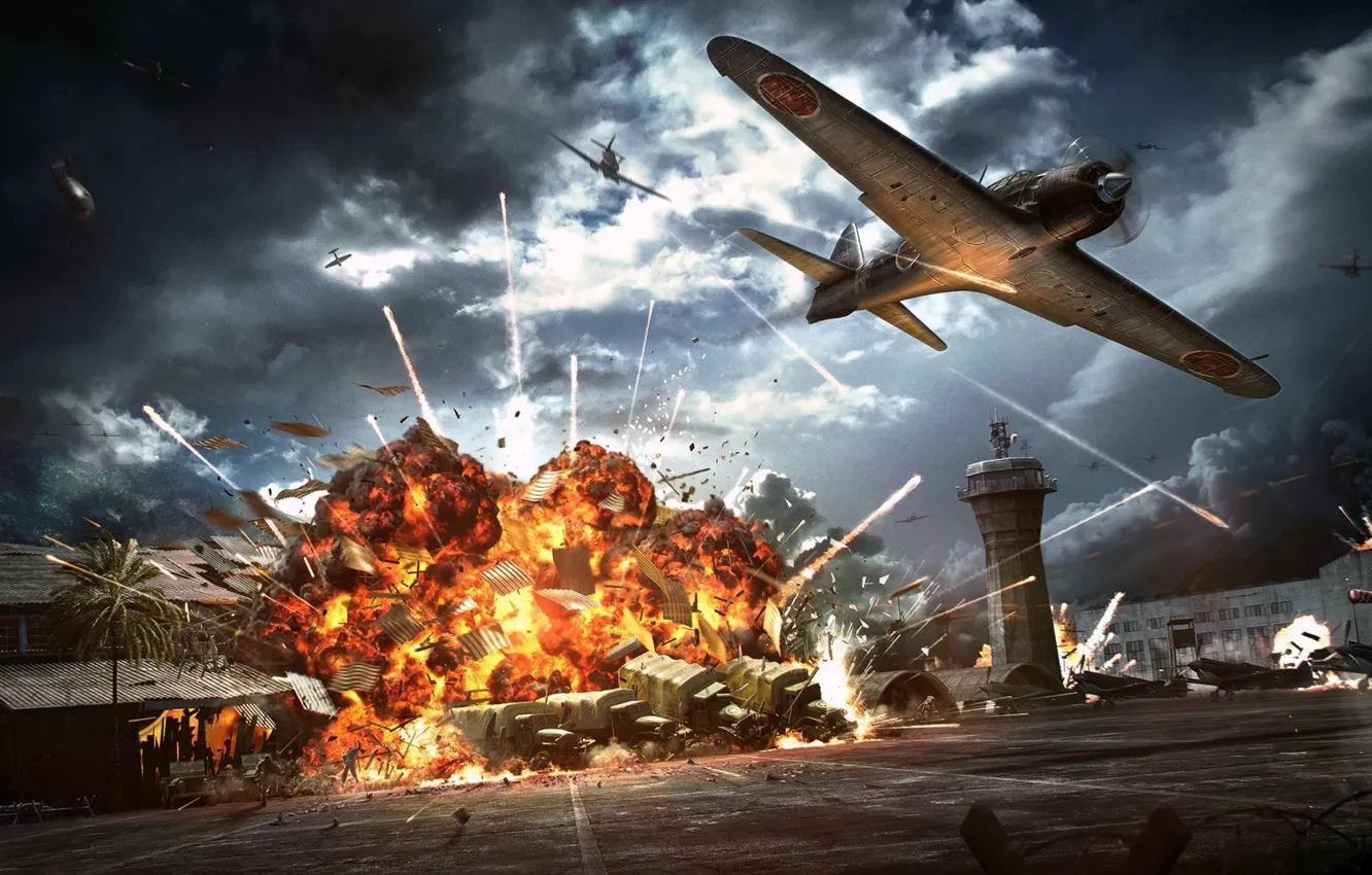 Фото обои огонь, пламя, взрывы, нападение, аэродром, самолёты, бомбардировка, WW2