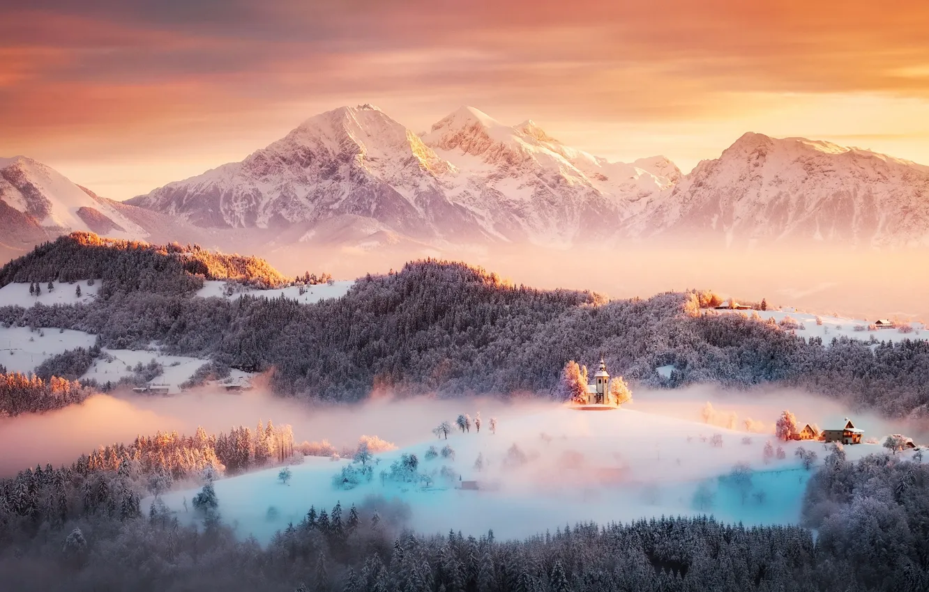 Фото обои зима, свет, снег, горы, Словения