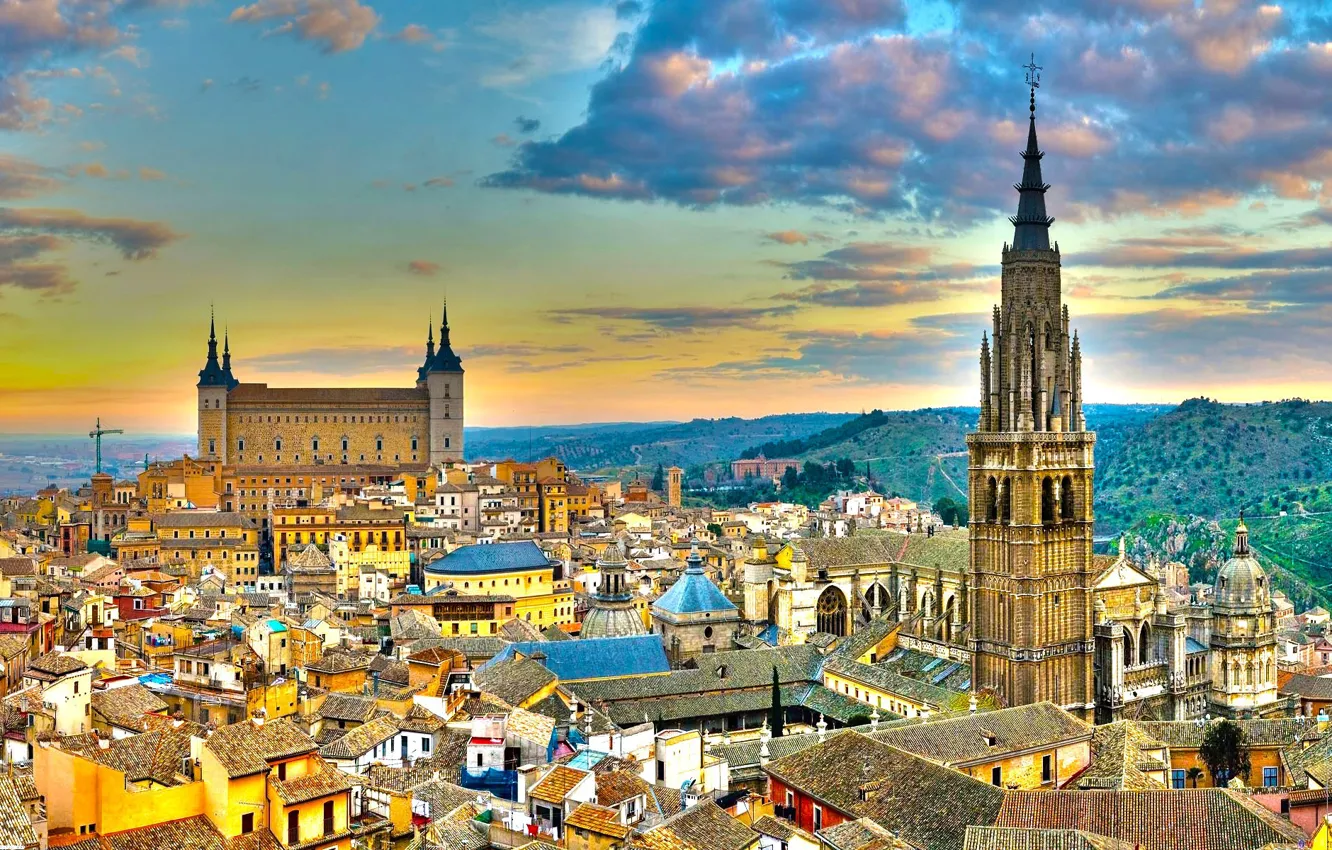 Фото обои city, HDR, tower, sky, clouds, Spain, castle, buildings