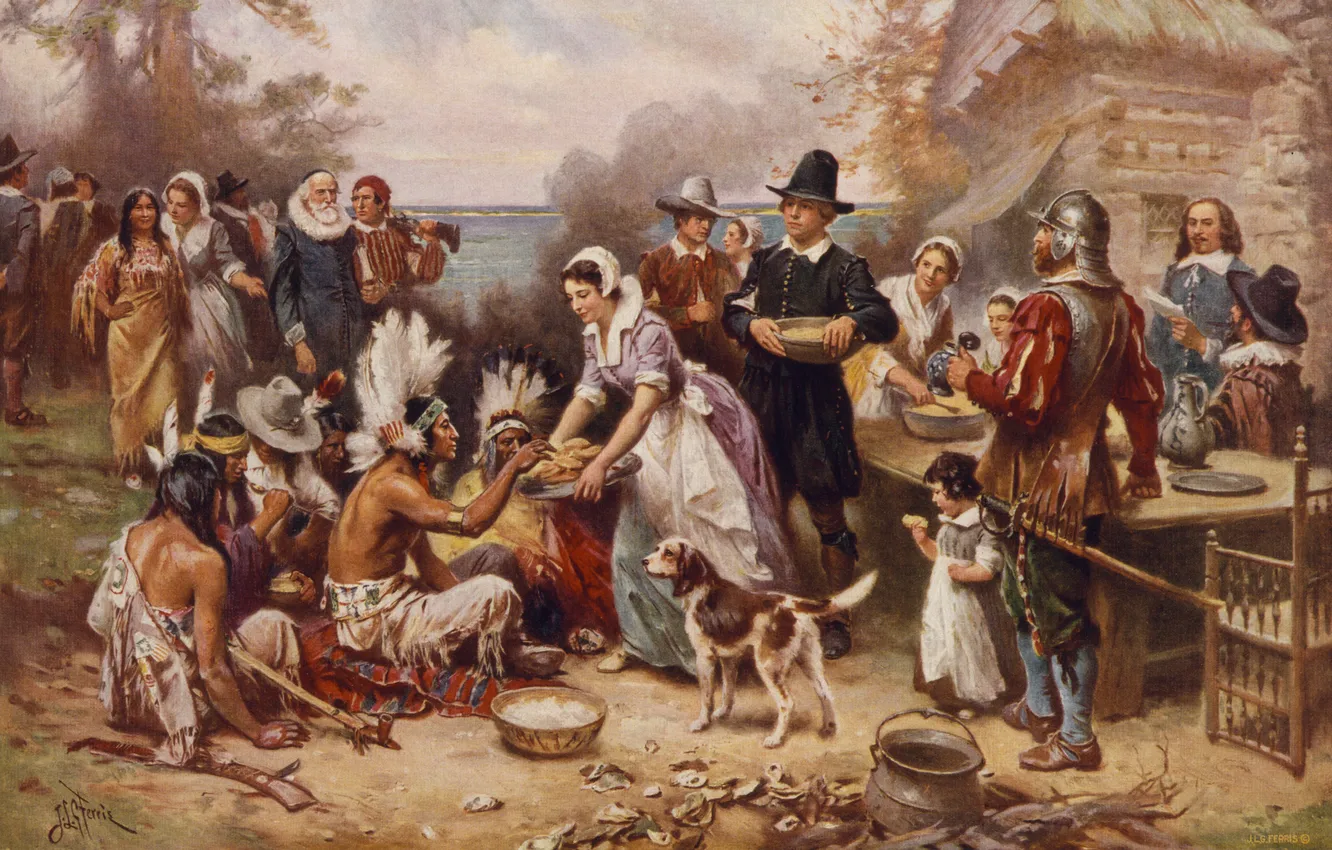 Фото обои картина, живопись, painting, 1621, The first Thanksgiving, J.L.G. Ferris