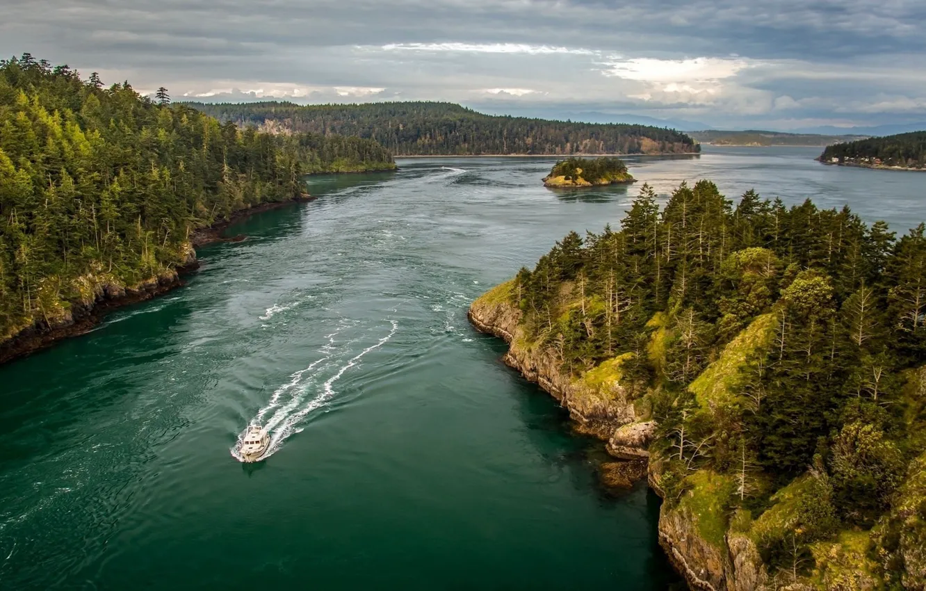 Фото обои USA, river, lake, ship, pine trees, Washington state, birds eye view, rock forest