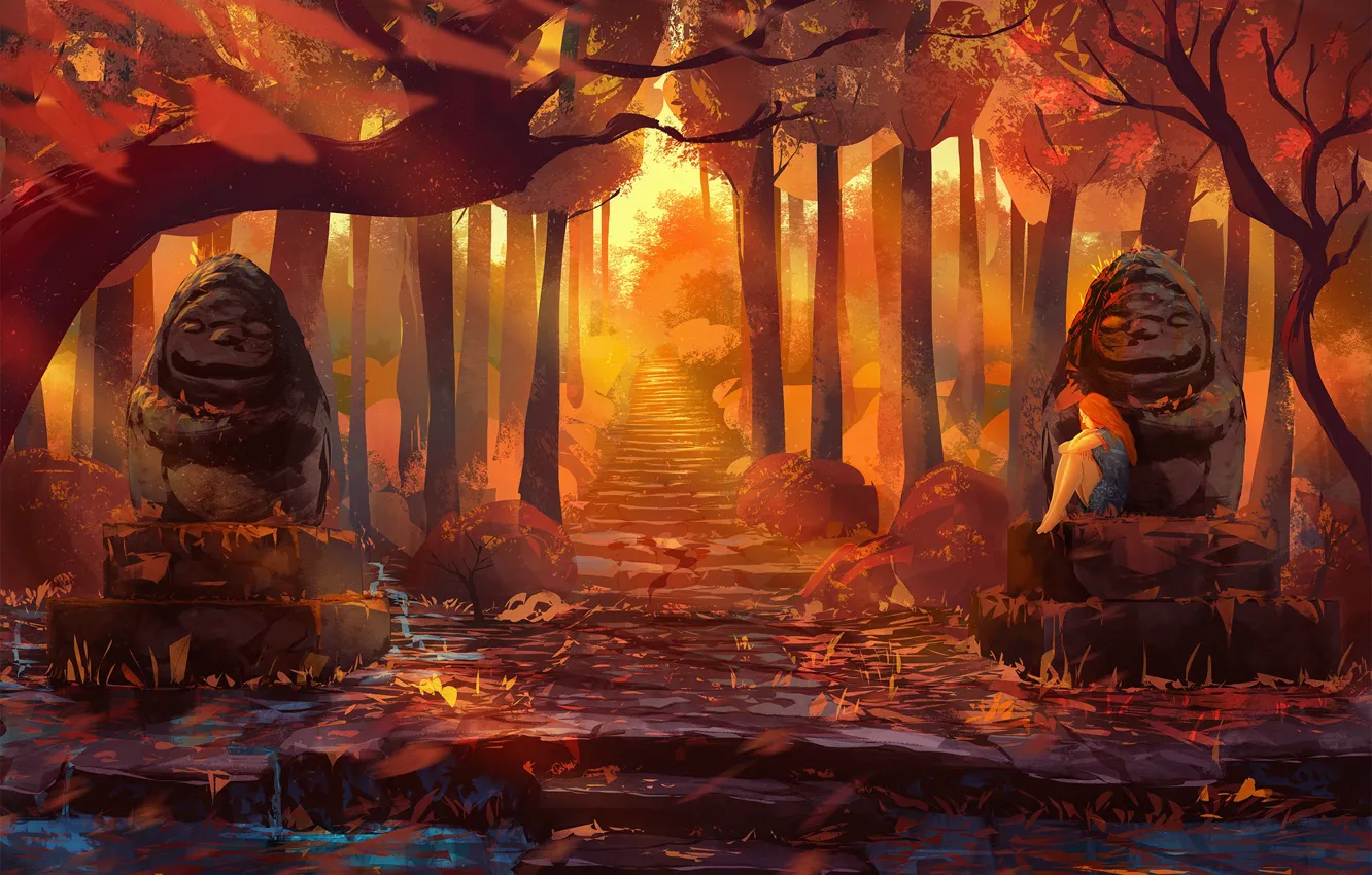 Фото обои осень, лес, девушка, статуи, by Anato Finnstark