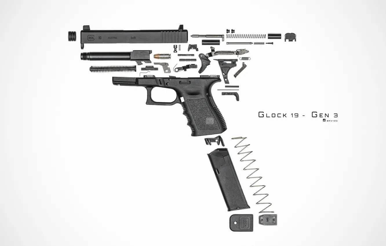 Фото обои пистолет, детали, Glock 19, разобранный