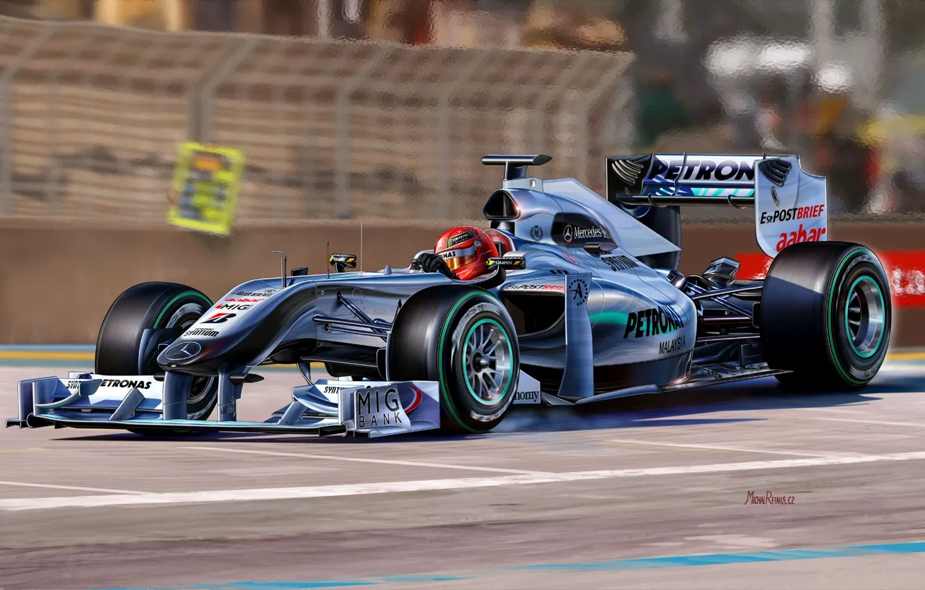 Фото обои рисунок, команда, гонки, пилот, болид, Mercedes-benz, Michael Schumacher, Формула-1
