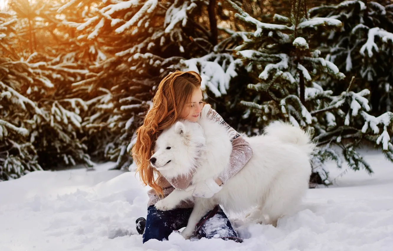 Фото обои зима, девушка, снег, деревья, природа, собака, белая, рыжая