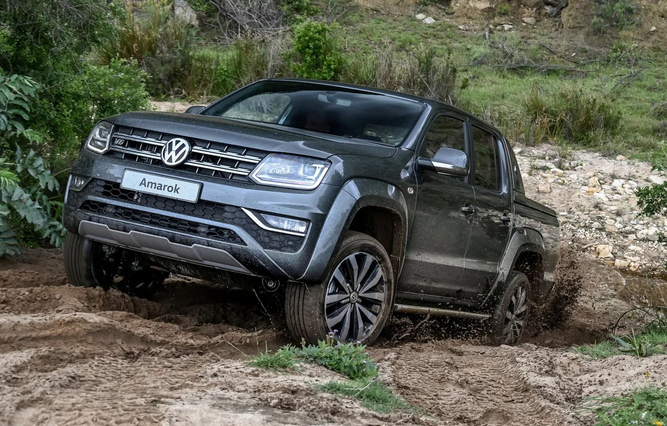 Фото обои земля, растительность, Volkswagen, пикап, грунт, Amarok, 2020