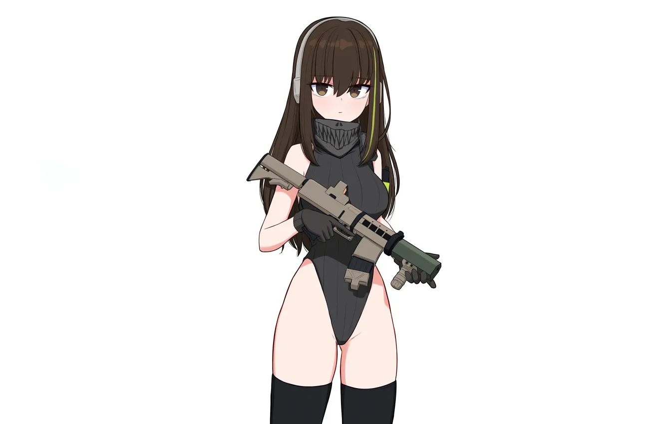 Фото обои girl, gun, sexy, thighhighs, long hair, brown hair, brown eyes, anime