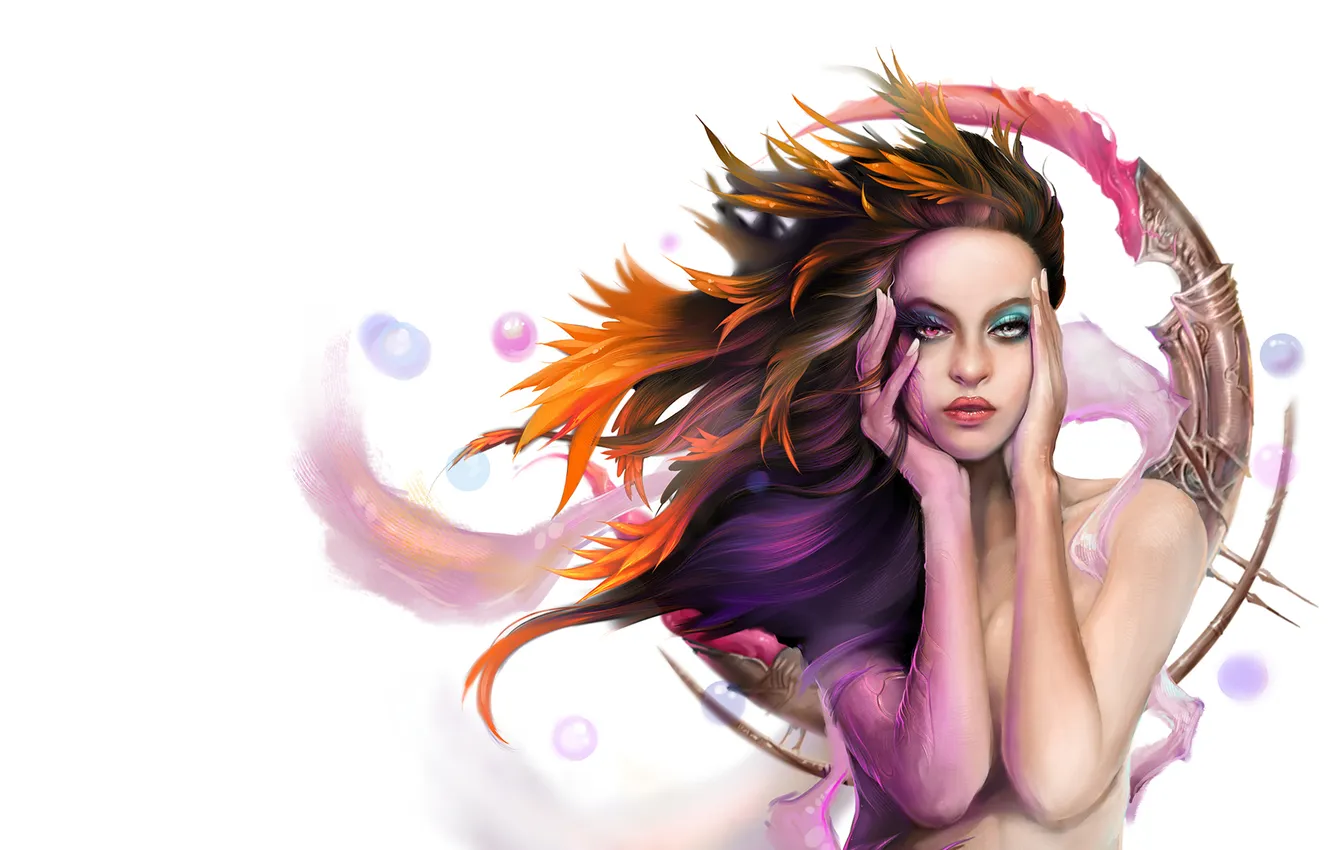 Фото обои девушка, шарики, руки, арт, белый фон, разные глаза