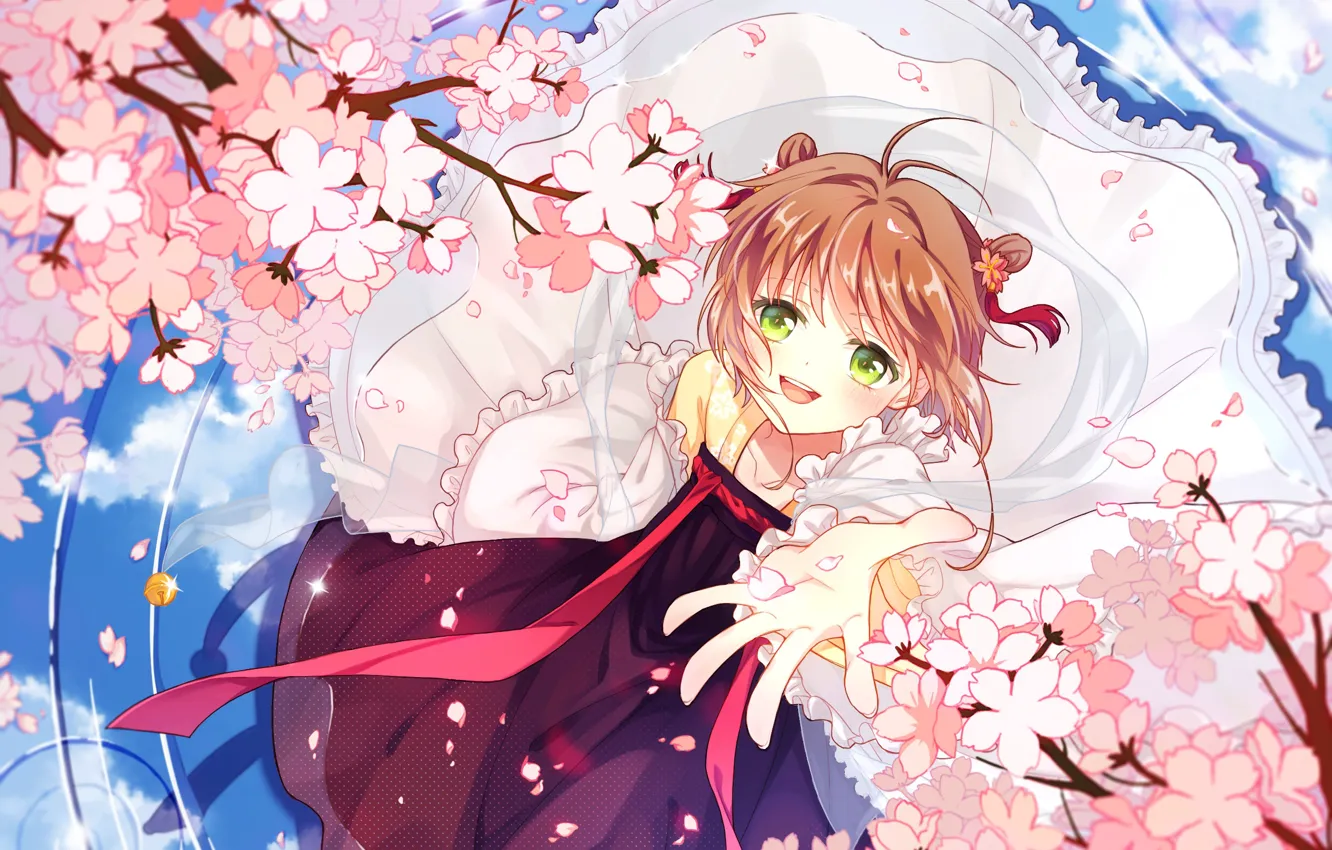 Фото обои цветы, крылья, ангел, весна, девочка, Card Captor Sakura, Сакура - собирательница карт