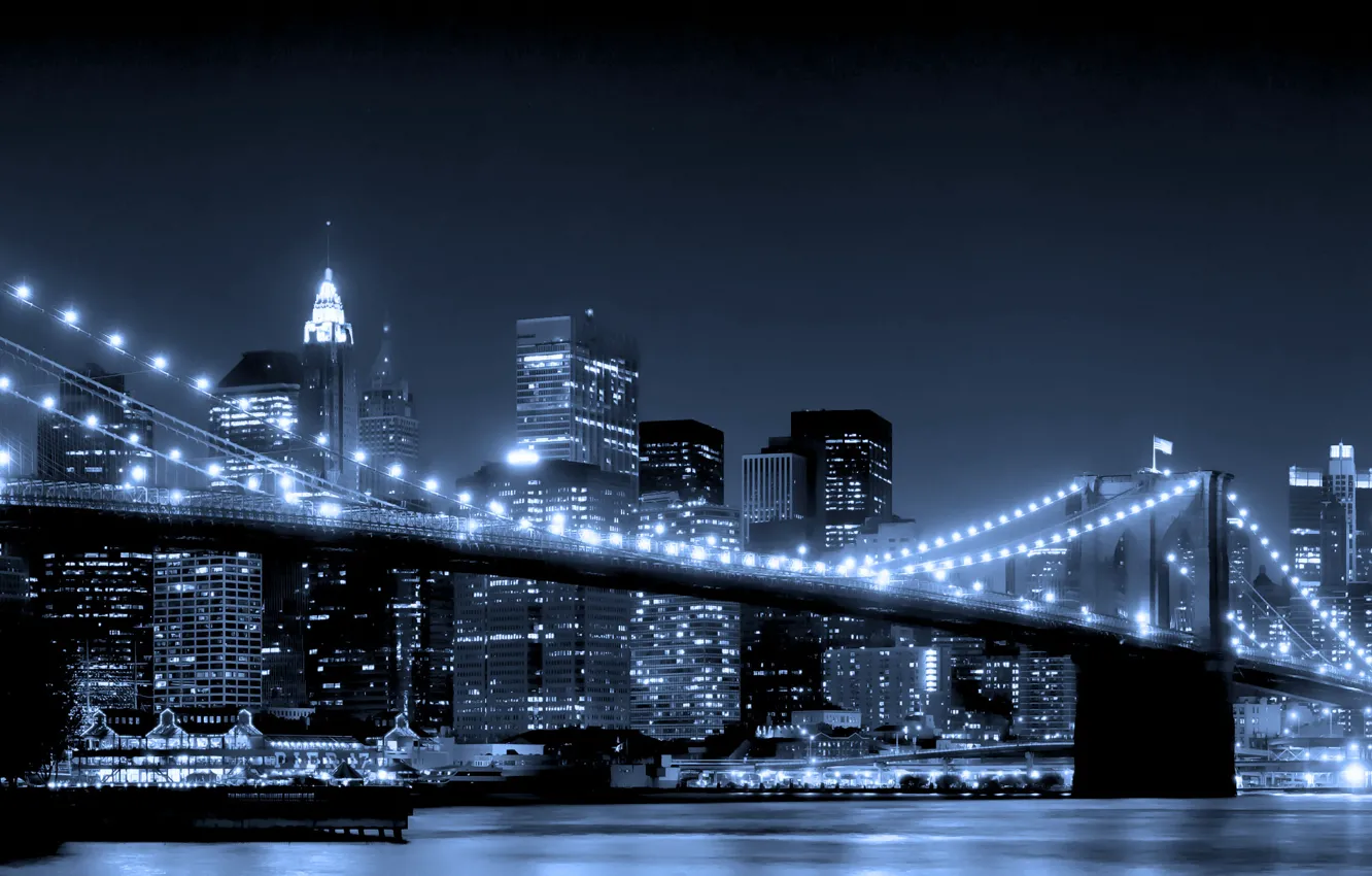 Фото обои вода, ночь, мост, city, город, огни, небоскребы, new york