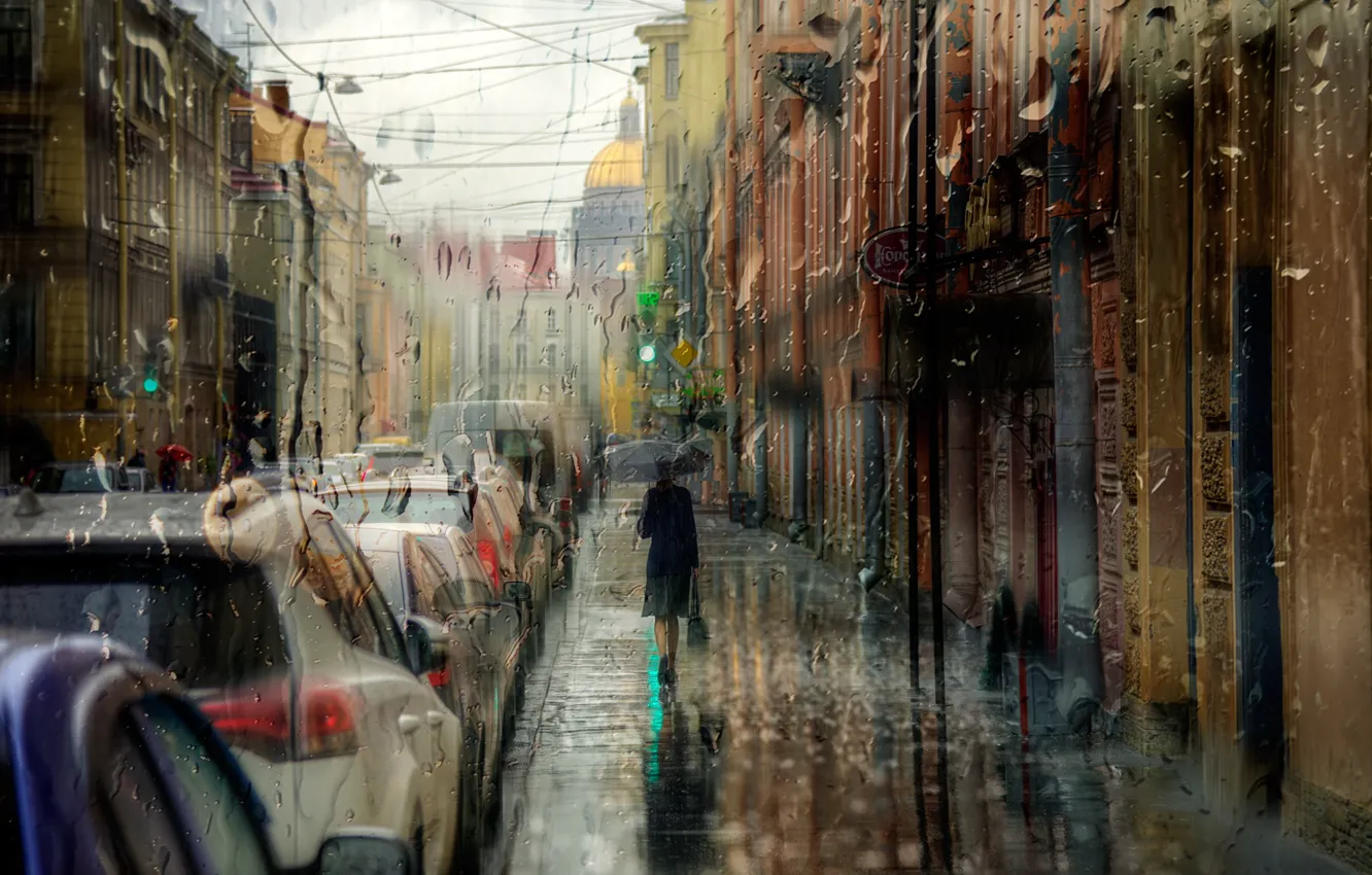 Фото обои девушка, капли, дождь, зонт, Санкт-Петербург, сентябрь