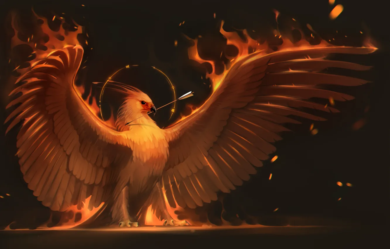 Фото обои огонь, птица, крылья, арт, стрела, феникс, phoenix