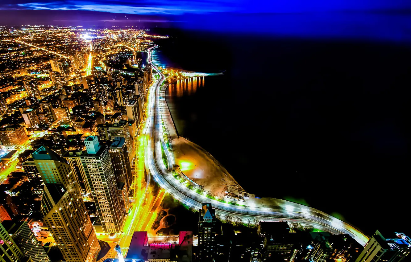Фото обои ночь, город, огни, река, небоскребы, Чикаго, chicago, Иллиноис