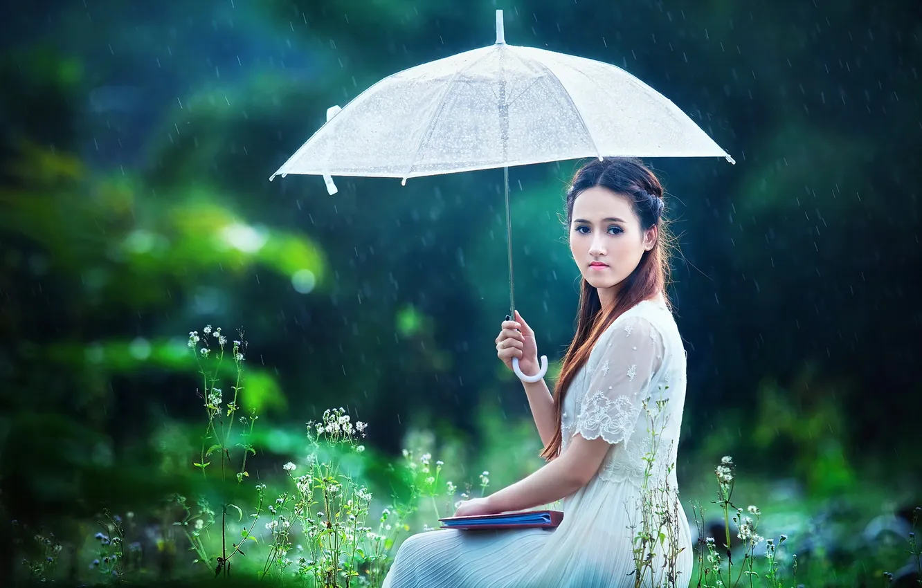 Фото обои лето, девушка, зонт, азиатка