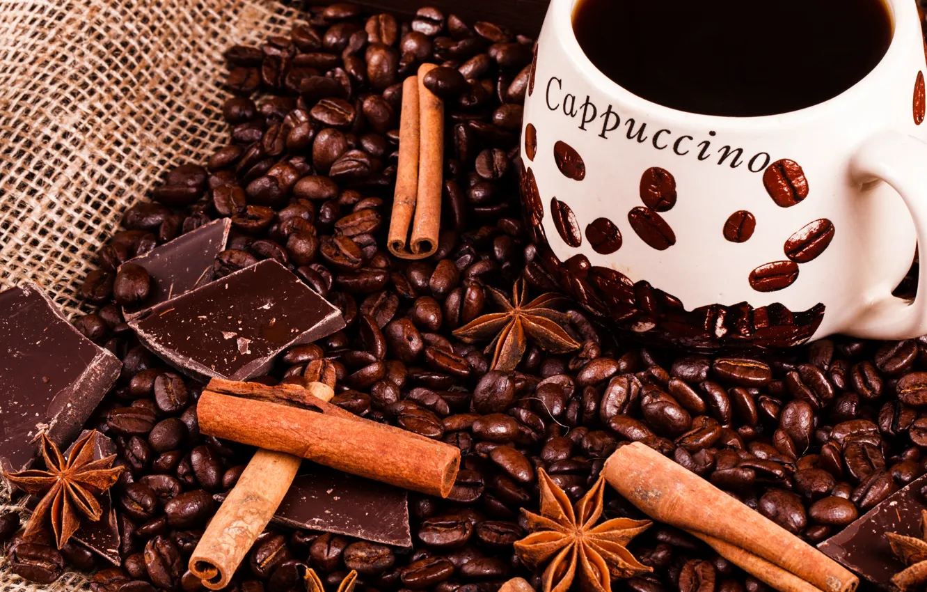 Фото обои шоколад, Кофе, корица, кофейные зерна