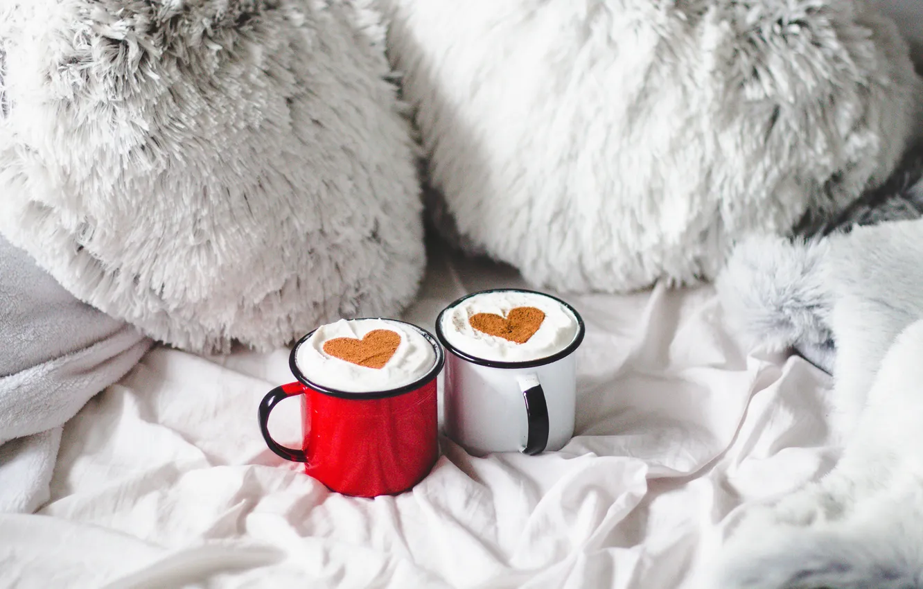 Фото обои уют, кофе, утро, сердечки, кружки, heart, morning, cup
