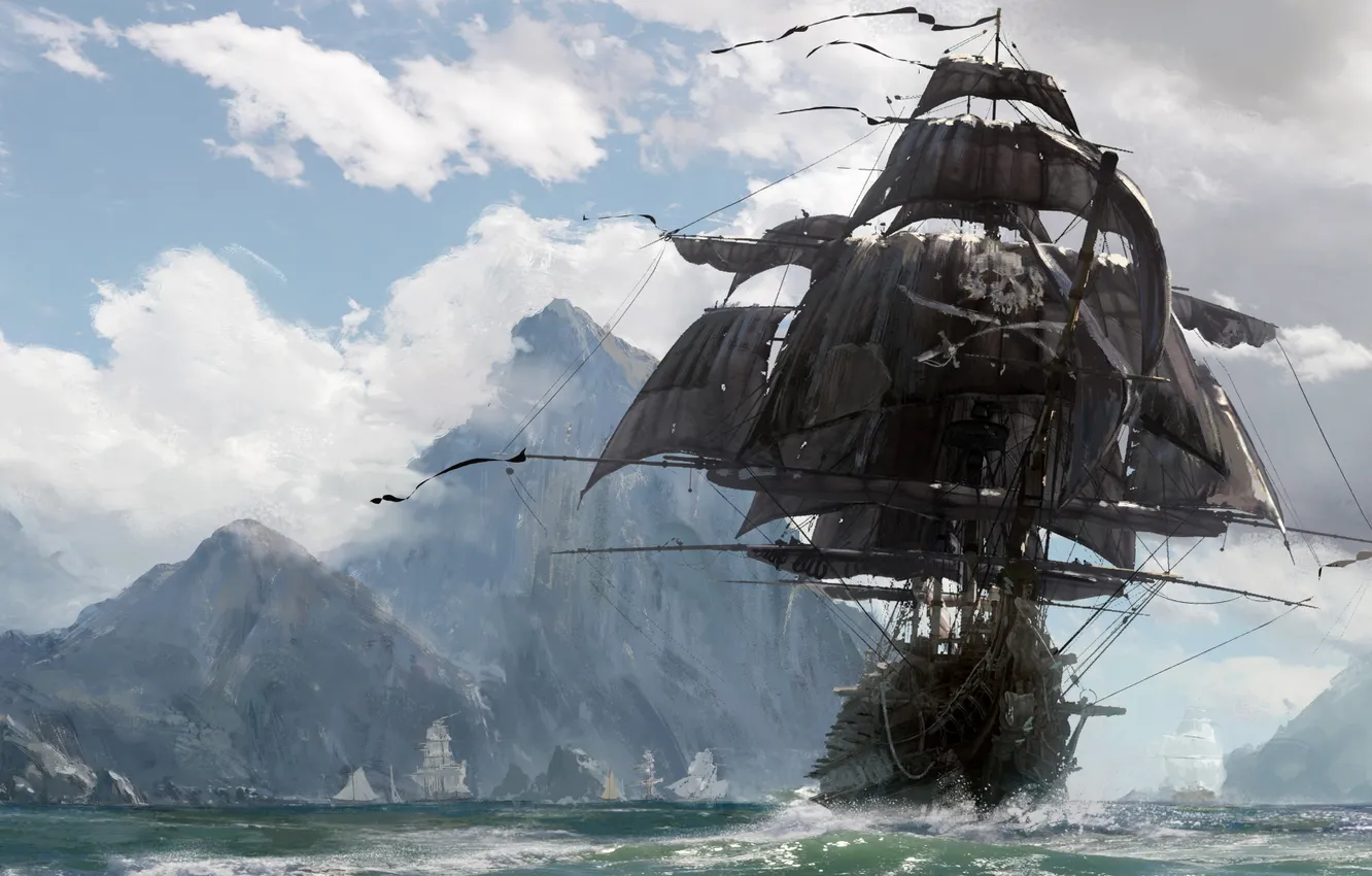 Фото обои mountains, pirates, sailing ship