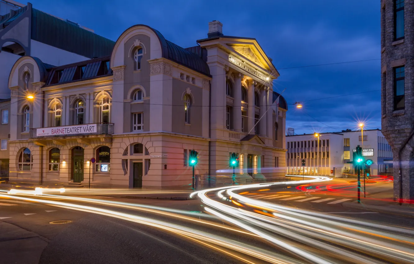 Фото обои огни, здание, вечер, Норвегия, театр, Norway, Ålesund, Олесунн