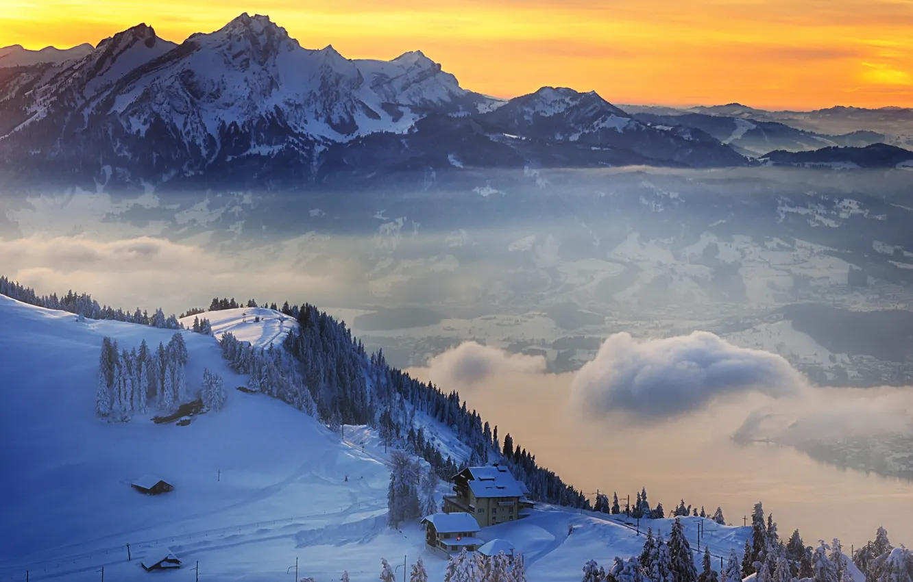 Фото обои зима, снег, закат, горы, Швейцария, деревня, Switzerland