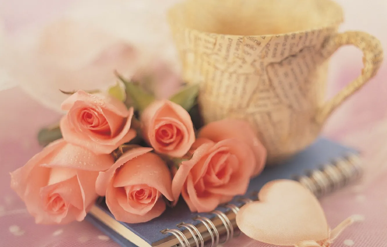 Фото обои цветы, романтика, розы, чашка, flowers, cup, roses, romance