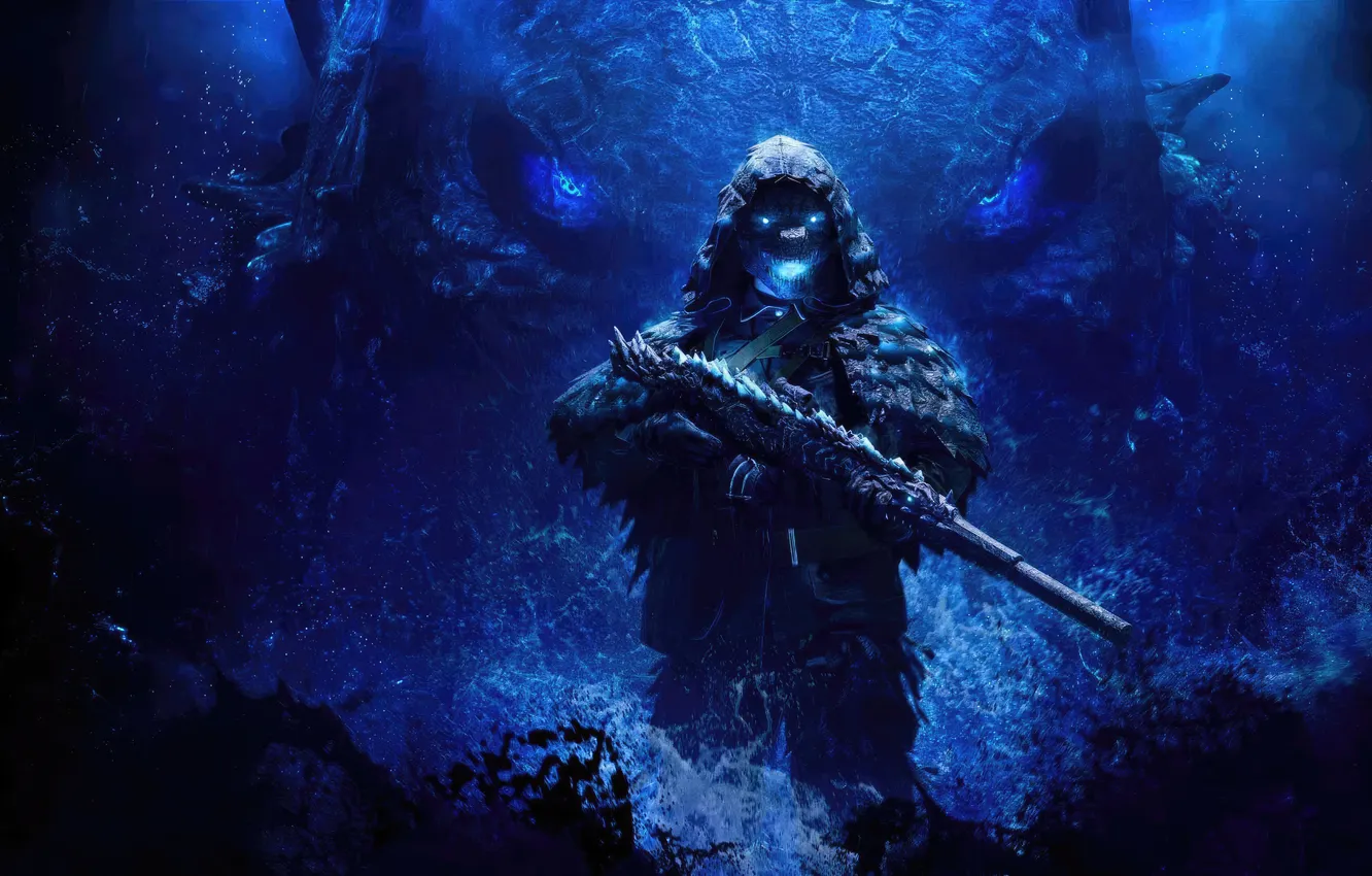 Фото обои gun, call of duty, soldier, monster, weapon, blue, man, sniper