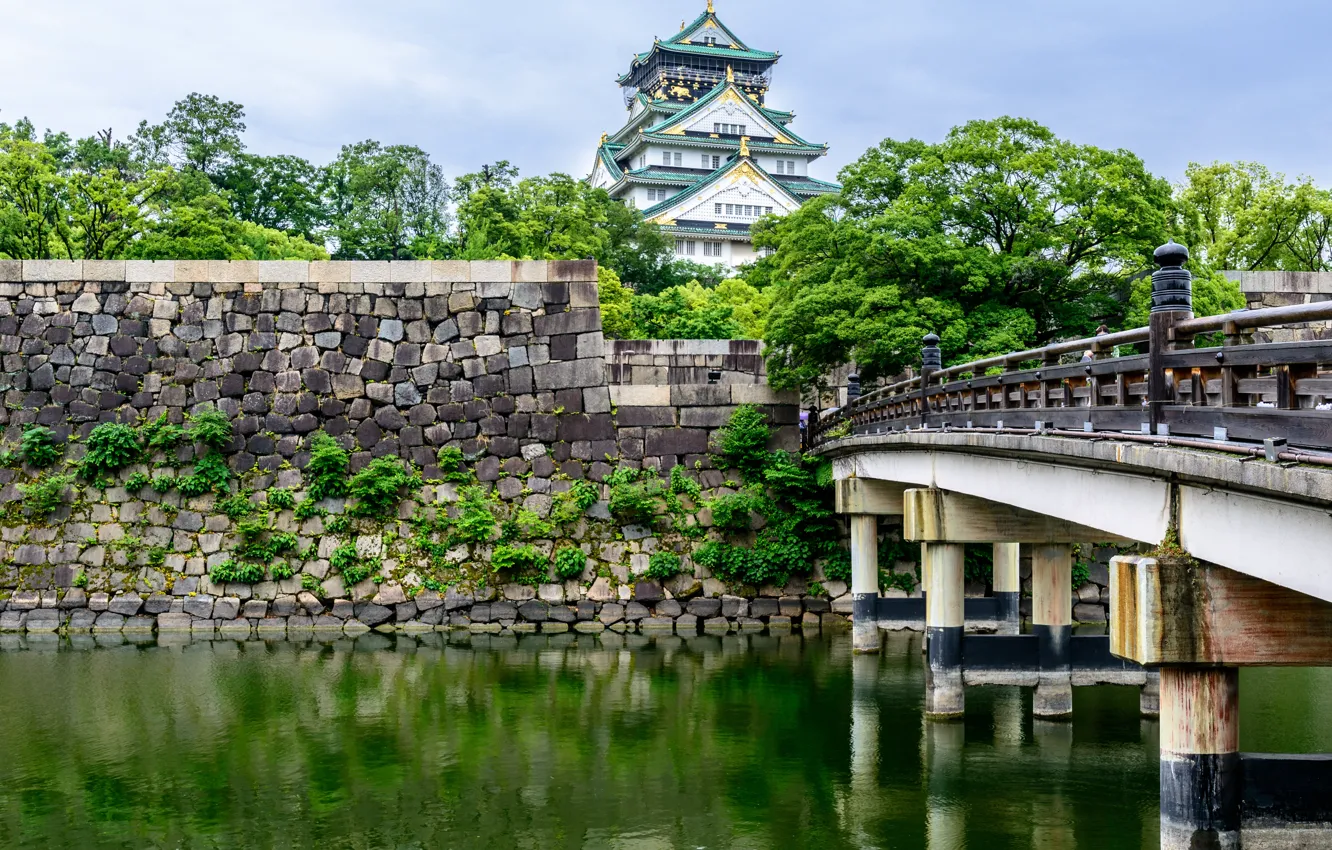 Фото обои Природа, Мост, Япония, Замок, Ров, Осака