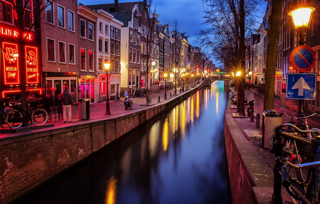 Фото обои деревья, город, улица, дома, вечер, освещение, Амстердам, фонари