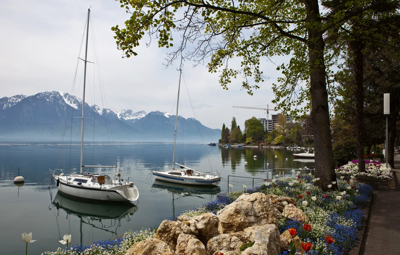 Фото обои пейзаж, горы, природа, побережье, яхта, Швейцария, Montreux, парусные