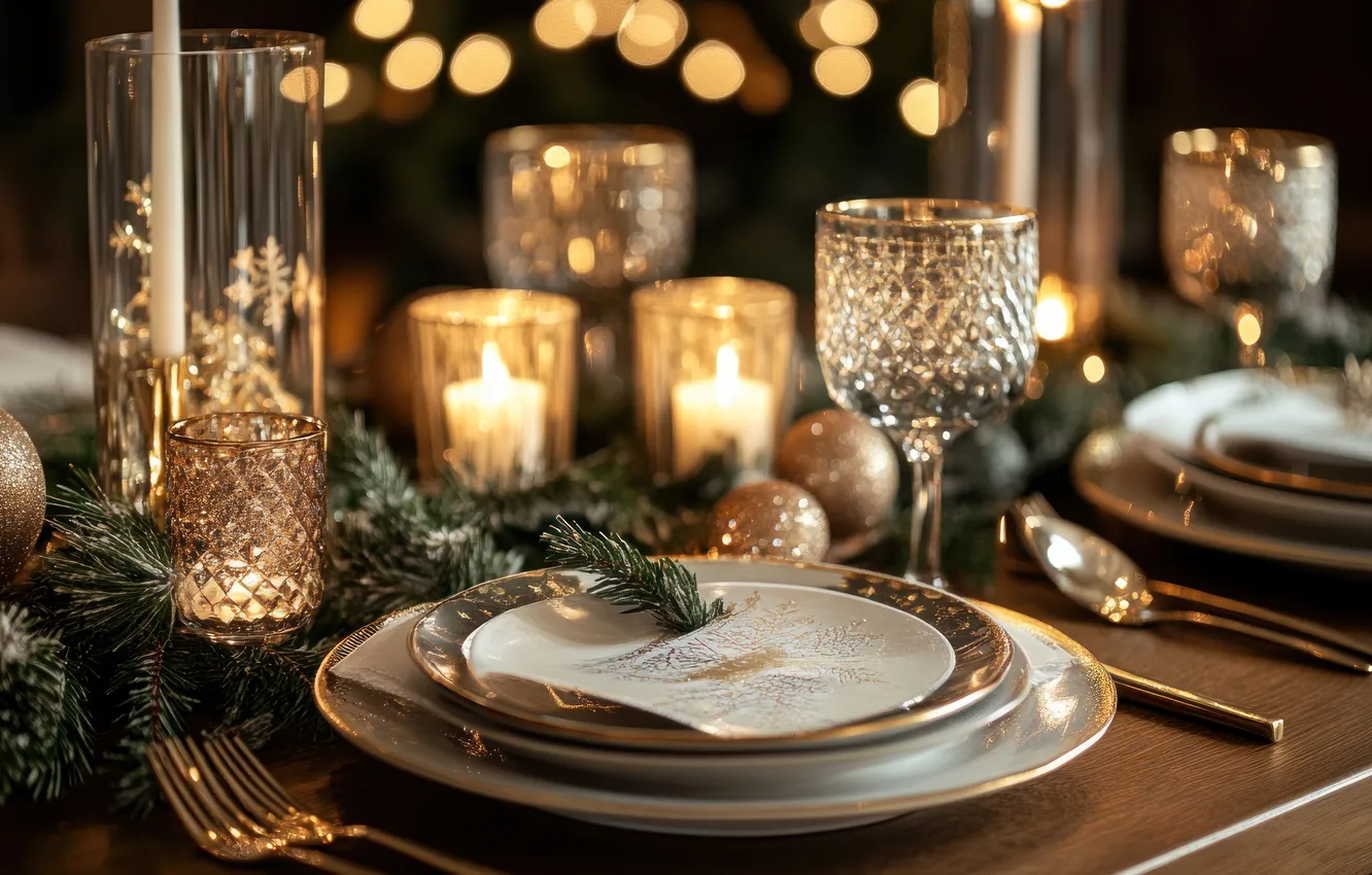 Фото обои стол, праздник, свечи, декор, серверовка, Новый год