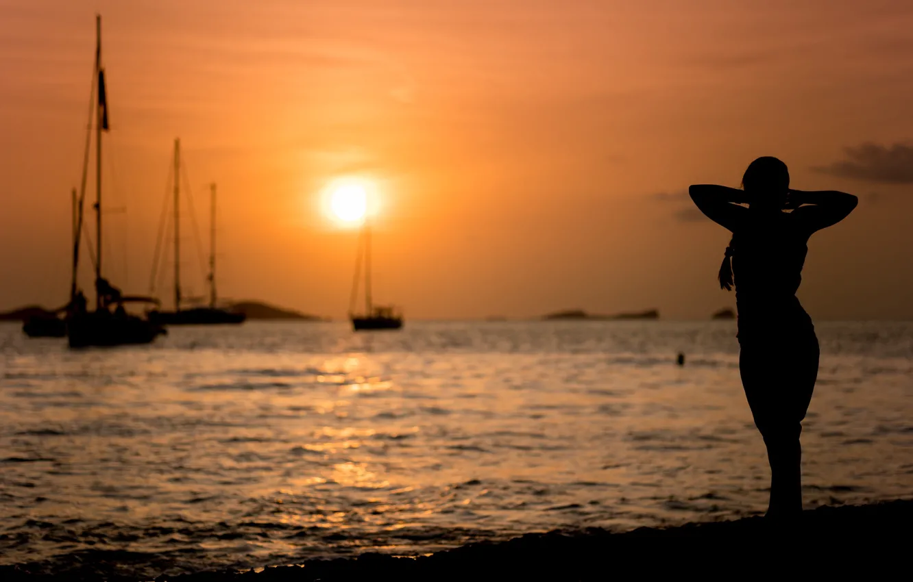 Фото обои море, девушка, силуэт, Sunset Silhouette