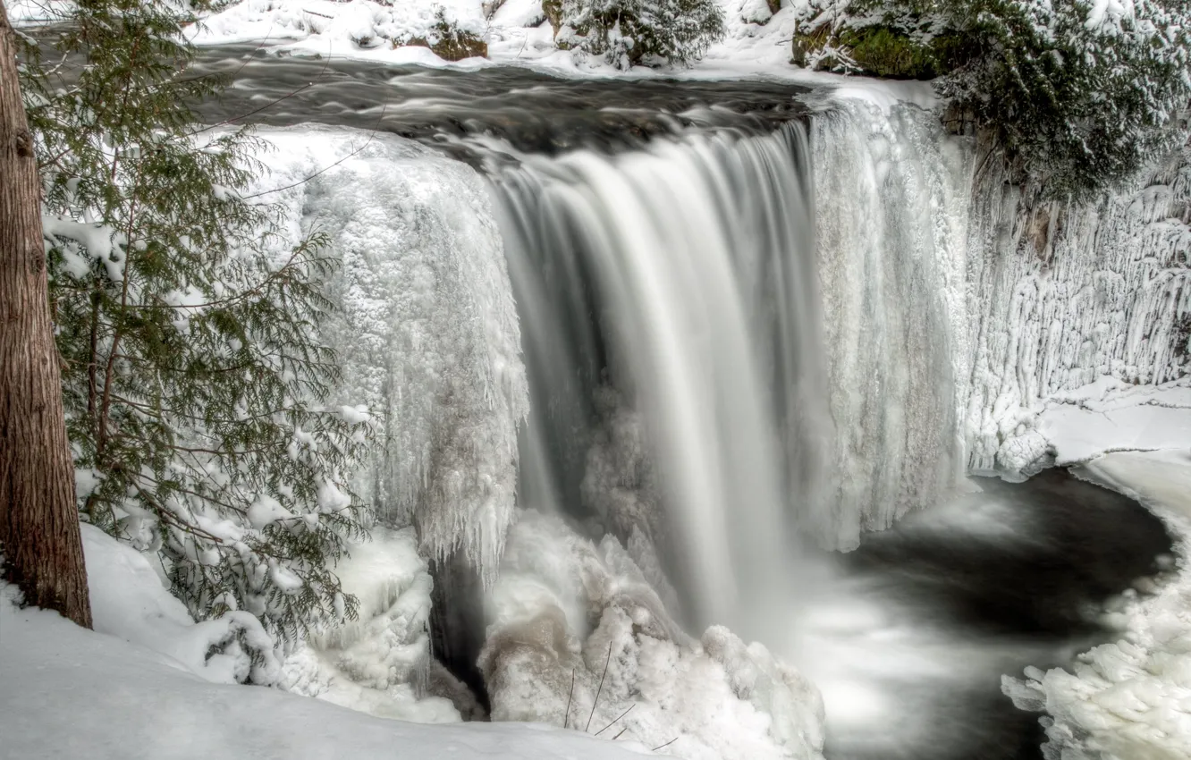 Фото обои зима, снег, река, водопад, лёд, поток