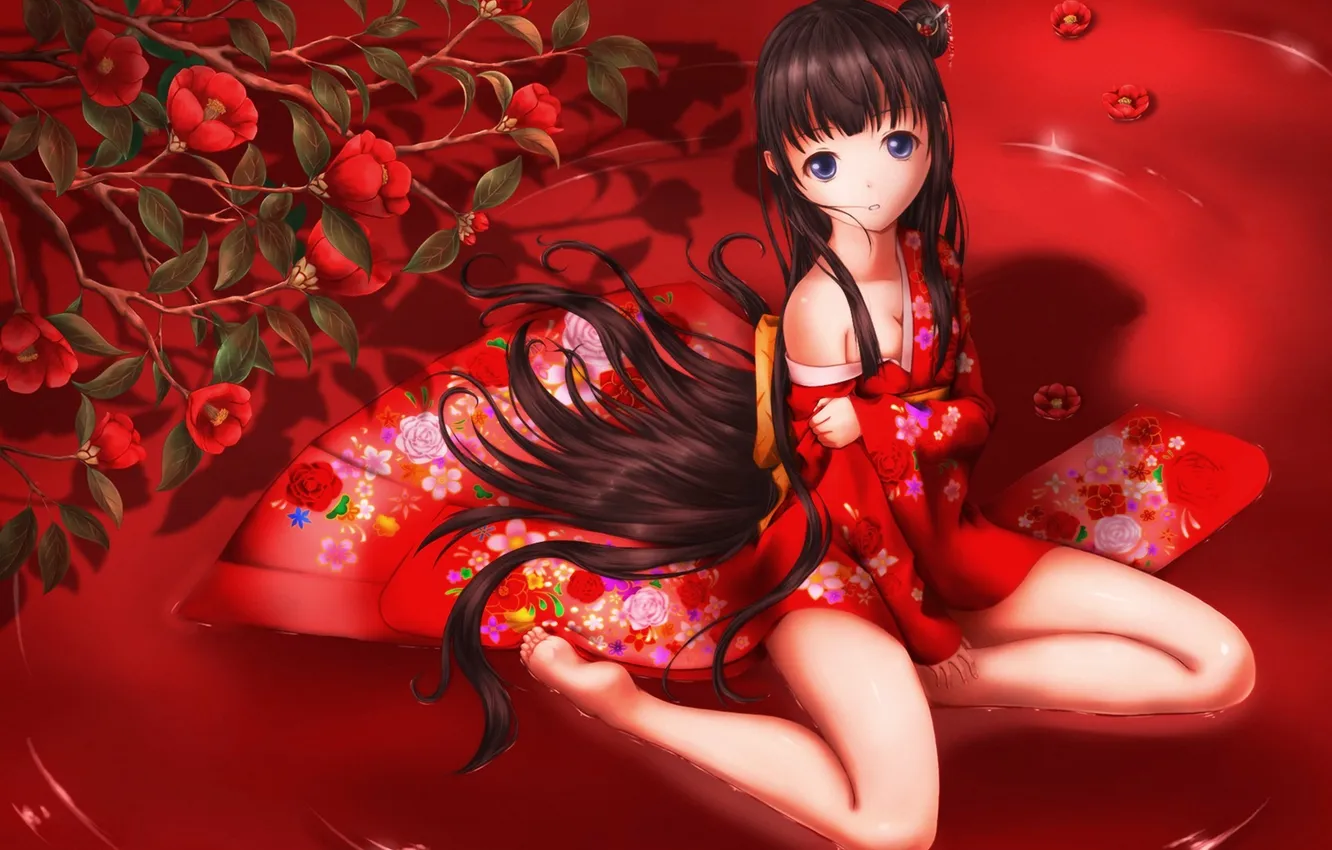 Фото обои девушка, цветы, ветка, арт, кимоно, красный фон, сидя, tsuchiryuu