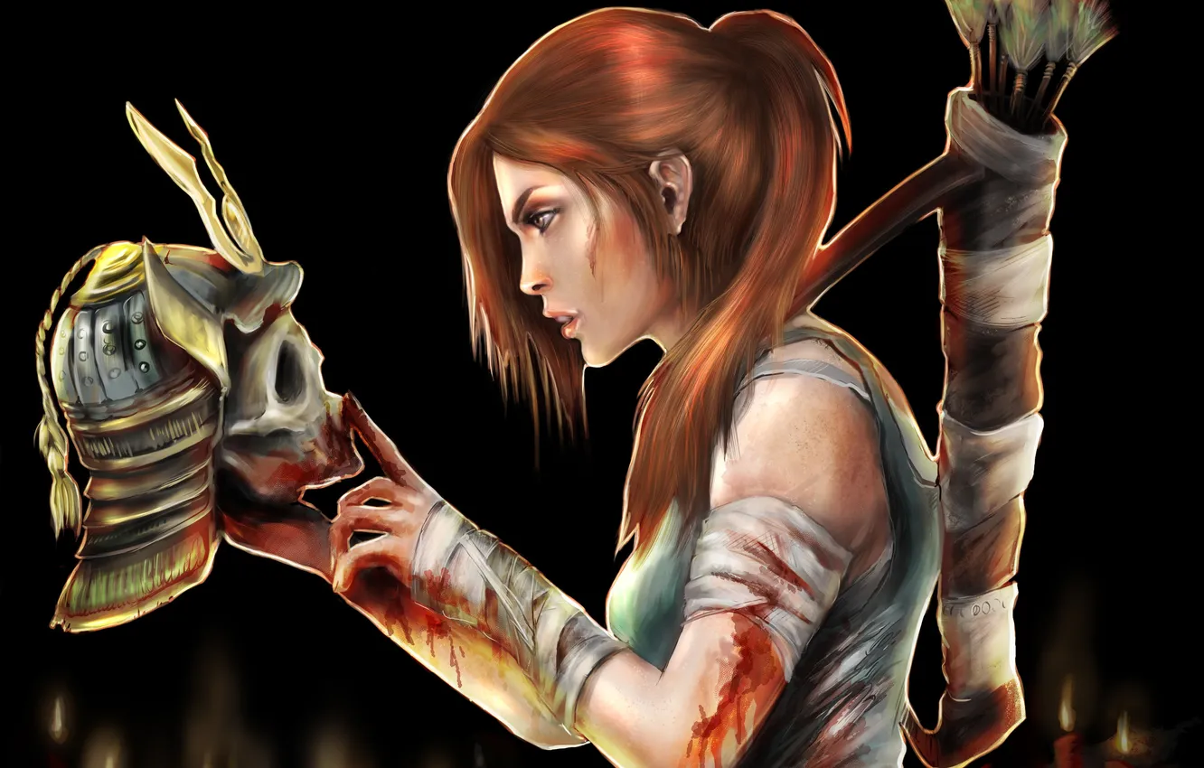 Фото обои девушка, кровь, игра, череп, рука, свечи, профиль, черный фон