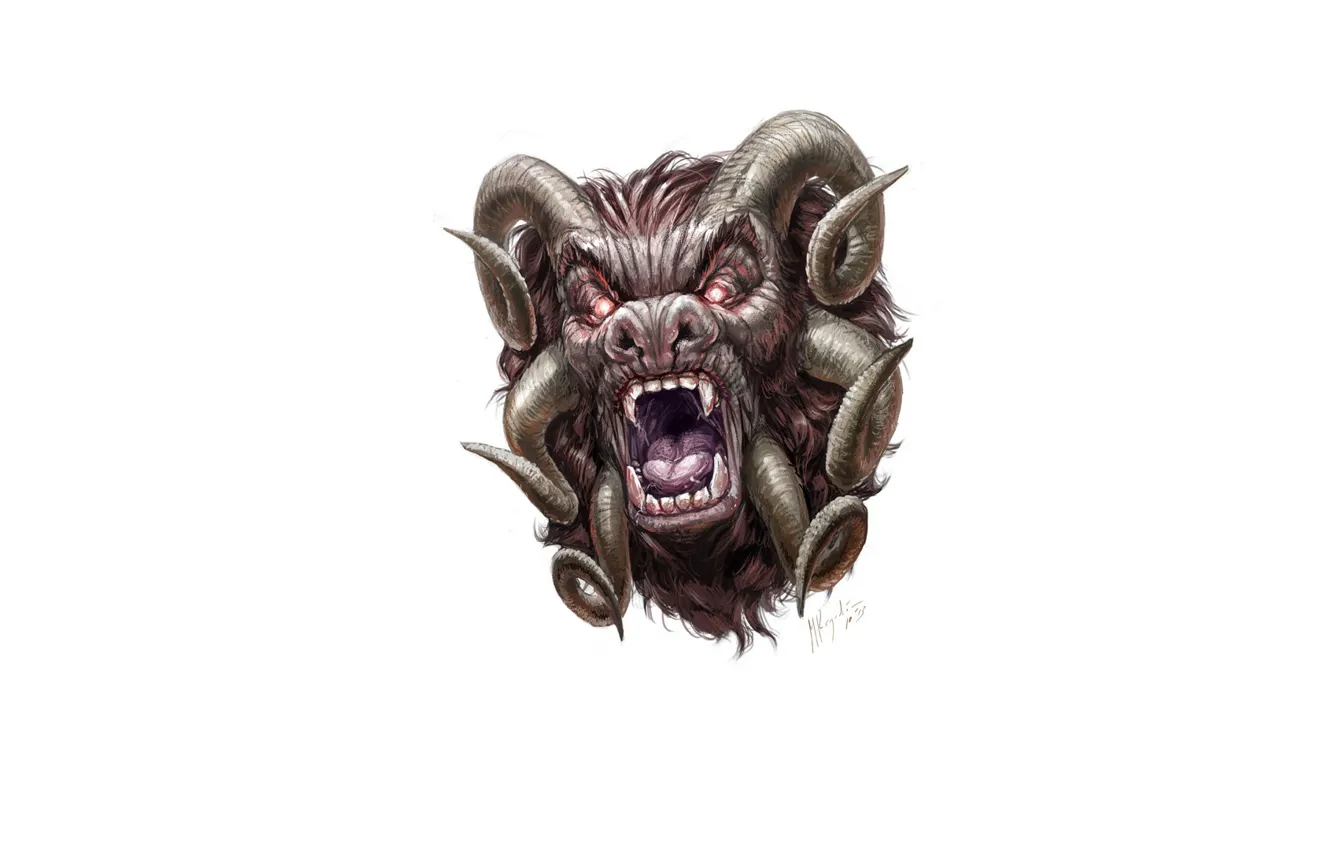 Фото обои морда, страх, шерсть, демон, пасть, клыки, рога