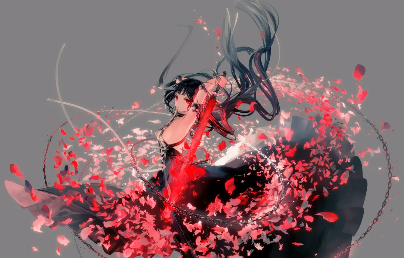 Фото обои девушка, фон, меч, аниме, арт, цепь