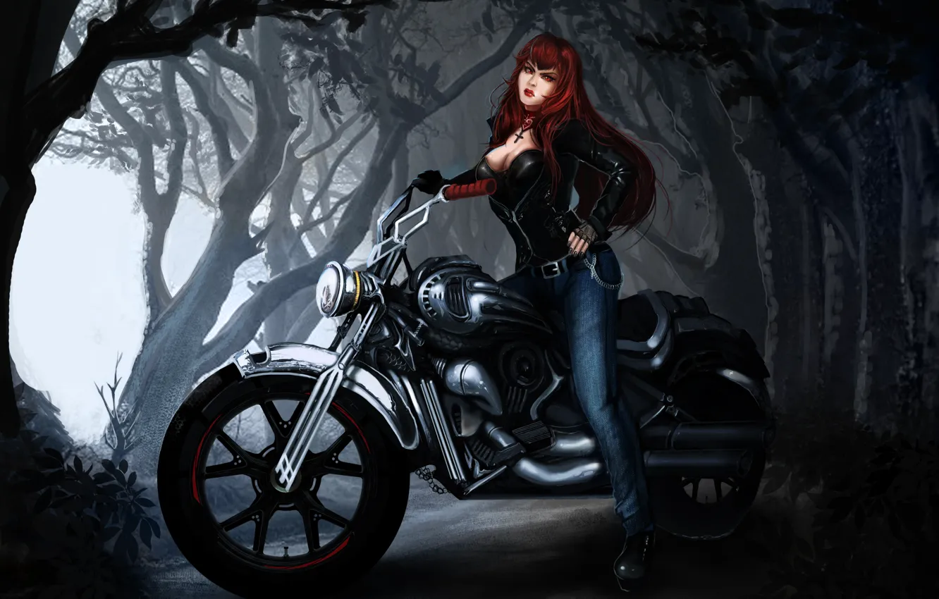 Фото обои лес, девушка, деревья, арт, мотоцикл, вампир, рыжая, байк