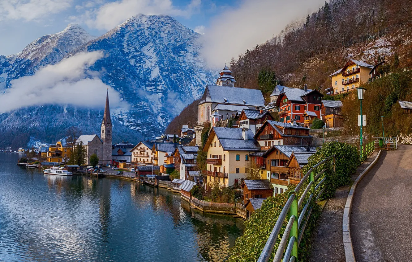 Фото обои дорога, горы, озеро, здания, дома, Австрия, Альпы, Austria