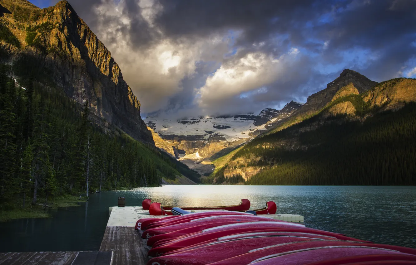 Фото обои лес, горы, природа, озеро, Alberta, Lake Louise, Canada, Canoe