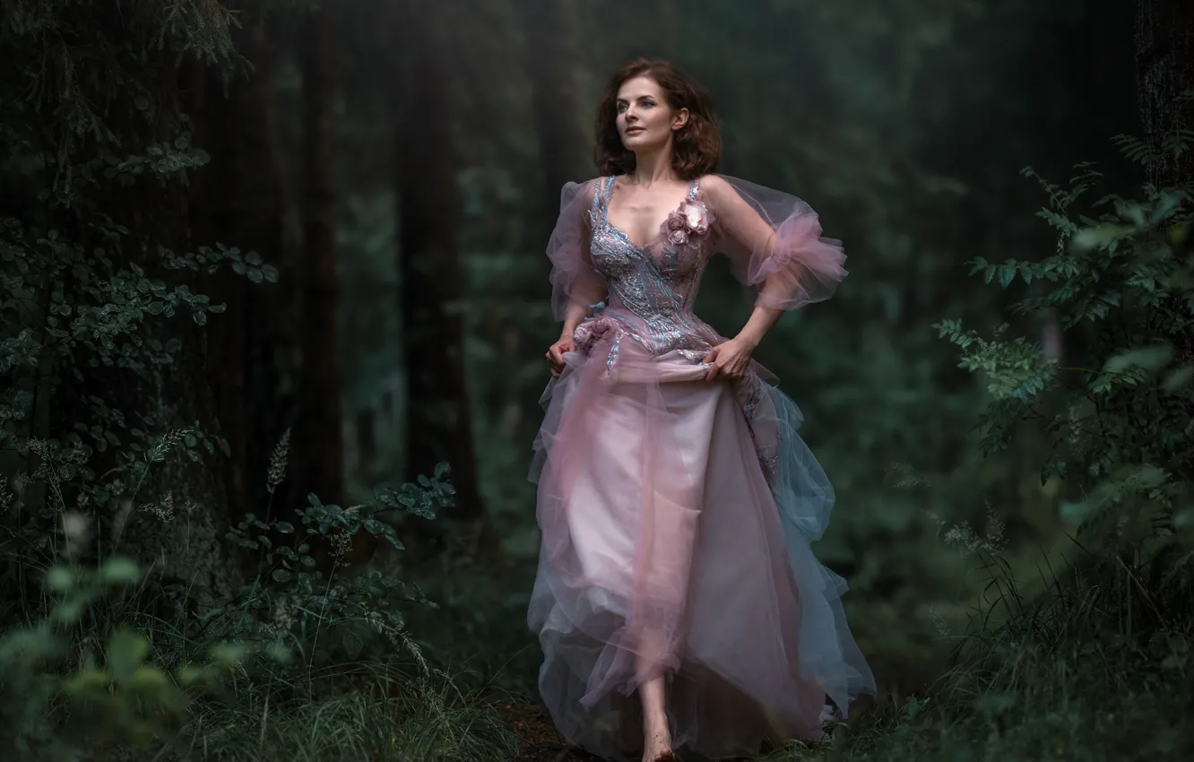 Фото обои лес, девушка, природа, платье, шатенка, Мария Здонова