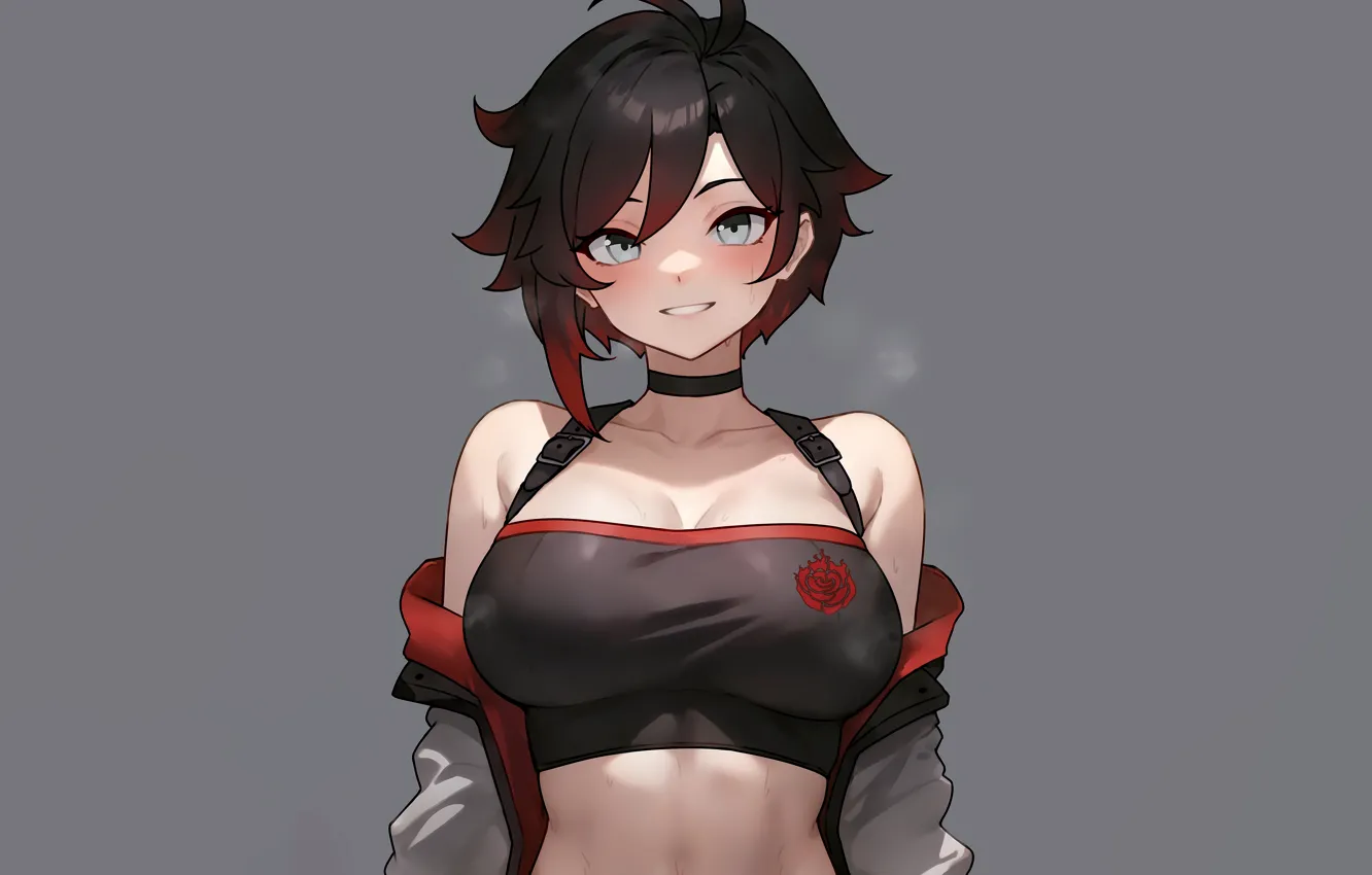 Фото обои short hair, smiling, dark hair, undressing, RWBY, bare shoulders, looking at viewer, Ruby Rose